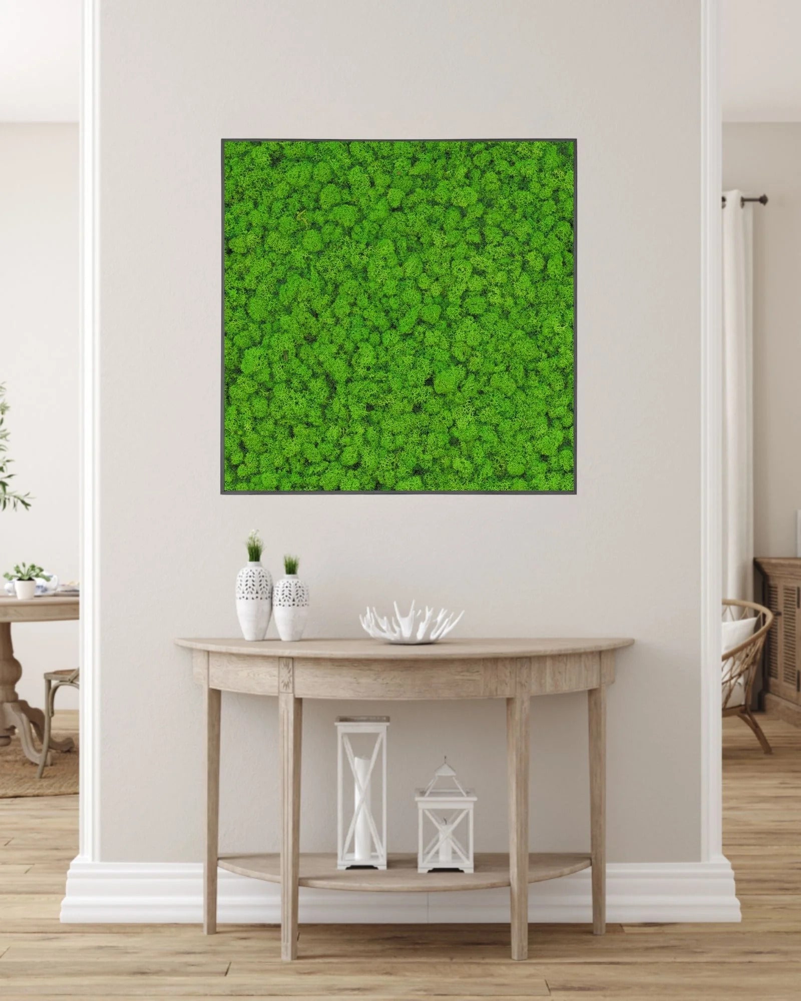 Kvadratisk mosstavla med äkta finsk renlav för väggstyling i hem, kontor och butik – 110×110 cm