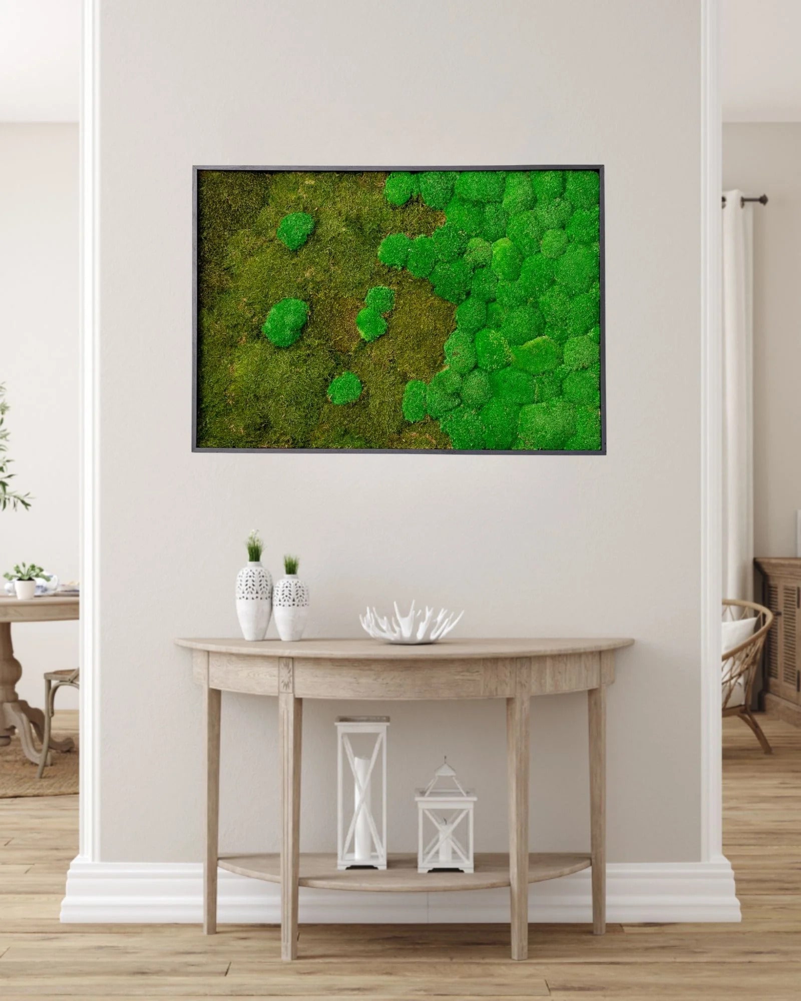 Kvadratisk mosstavla halv mix med mossplatta och bollmossa som grön väggdekoration för inomhusmiljö – 50×70 cm