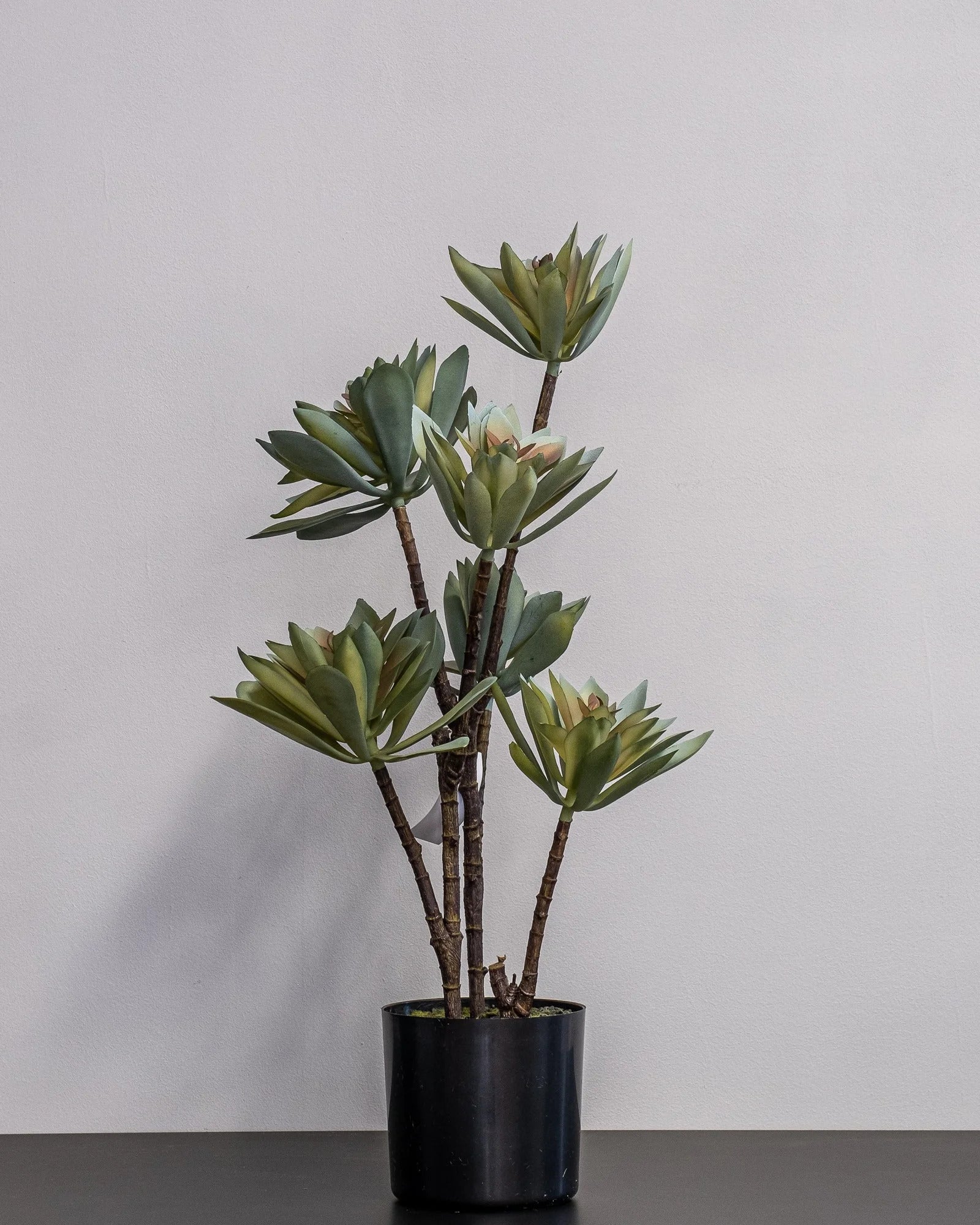 Närbild på detaljerna i Konstgjord lotus krukväxt i ljusgrön melaminkruka – 55 cm