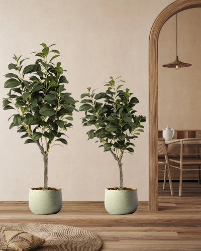 Närbild på detaljerna i Konstgjort Ficus träd med plastkruka
