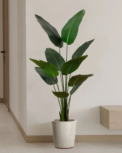 Närbild på detaljerna i Konstgjord Strelitzia (paradisfågelväxt) i plastkruka