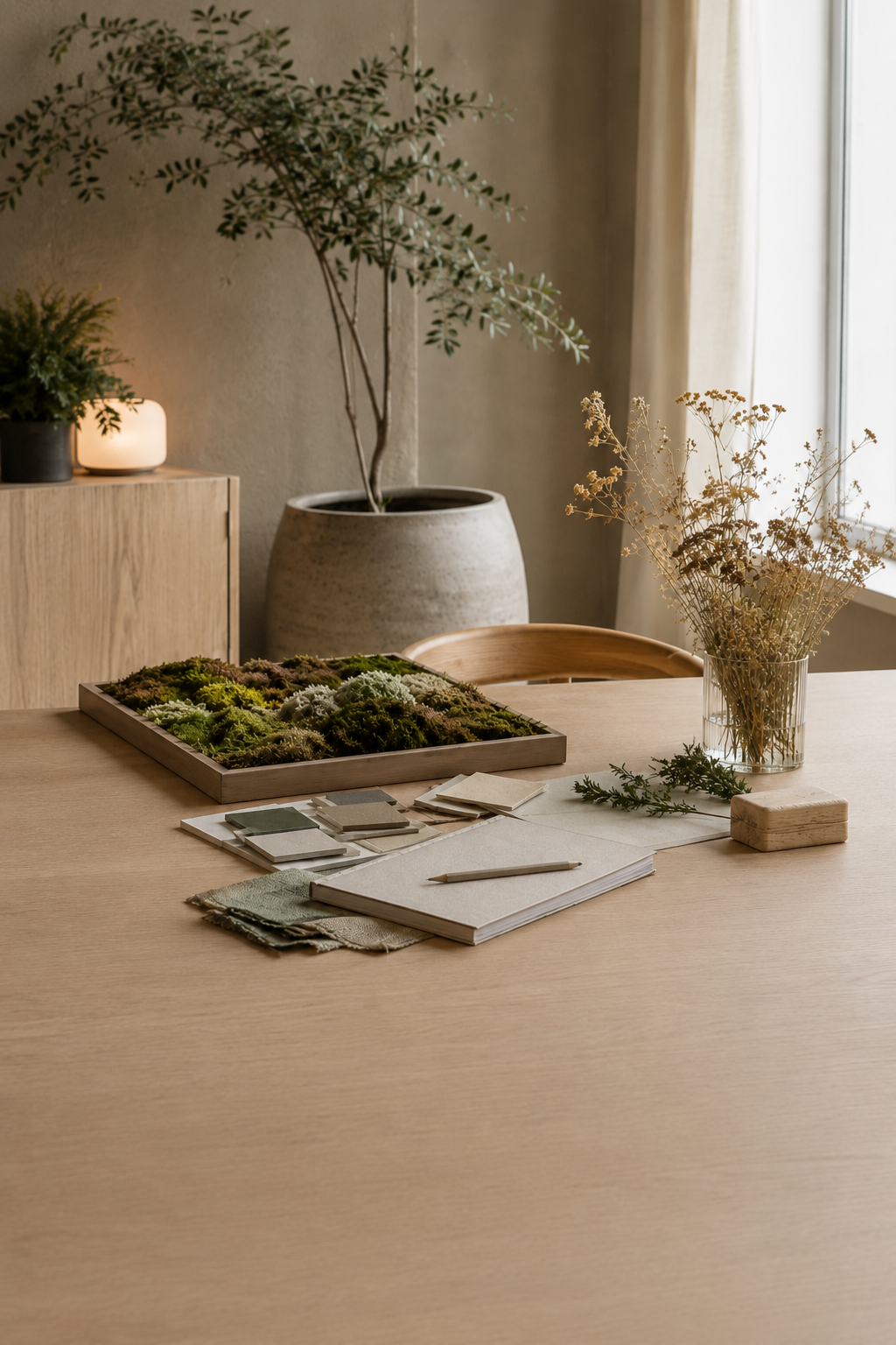 Platt upplägg med mossbricka, torkade blommor och skissblock – inspiration för växtprojekt och inredning