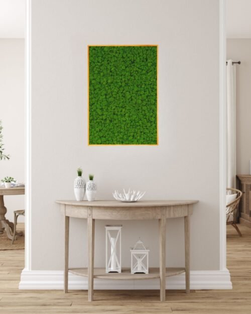 Neliönmuotoinen sammaltaulu, joka on valmistettu aidosta suomalaisesta poronjäkälästä, aseteltuna moderniin olohuoneeseen.